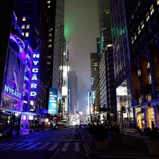 Street, skyscrapers, fragment, City ​​at Night, Nowy York, clouds