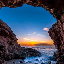 Coast, ocean, USA, west, Malibu, rocks, cave, sun