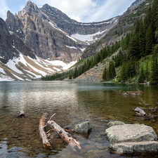 Agnes Lake, Mountains, Banff National Park, trees, Province of Alberta, Canada, Stones, snow, viewes