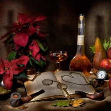 pipe, candle, apples, Wine, truck concrete mixer, star of Bethlehem, Book, composition, Bottle, Watch