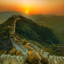 Wall of China, China, west, sun, mountains