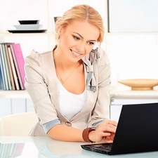 smiling, laptop, office, Blonde