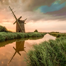 Old car, Windmill, grass, west, River