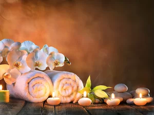 Candles, composition, Flowers, orchids, Towels, Spa