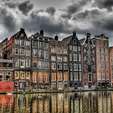 cloudy, Sky, houses, over a canal, Amsterdam