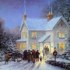 house, winter, painting, People