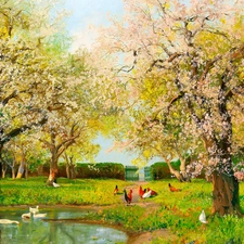 viewes, trees, Fance, country, Spring, hens, Pond - car, painting, ducks, Meadow, Alois Arnegger, picture