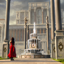 palace, column, dress, fountain, red hot, house, Digital Art, girl