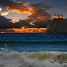 Sky, rocks, palace, sea