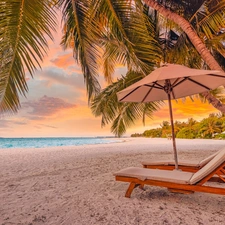 Palms, sea, umbrella, Beaches, Maldives, deck chair, Great Sunsets