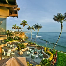 sea, terrace, Palms, Hotel hall