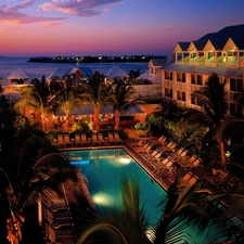 Palms, night, Pool, sea, Hotel hall