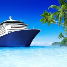 Palms, Ship, Beaches, sea, summer