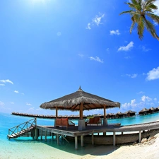 Beaches, an, sea, piles, Houses, Palms, Tropical