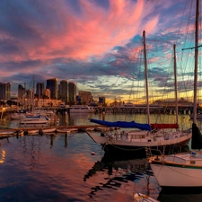 port, Yachts, town, vessels, Boats, panorama, clouds