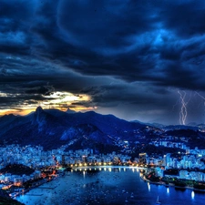 town, Mountains, clouds, panorama, River, Rio de Janerio, Night