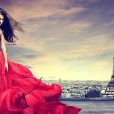 Eiffla, Women, panorama, town, Paris, tower