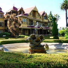 fountain, house, Park, Palms