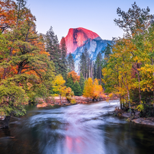 California, The United States, Yosemite National Park, autumn, Mountains, Half Dome Mountain, trees, viewes, Merced River