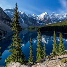 Province of Alberta, Canada, Lake Moraine, Banff National Park, viewes, reflection, snow, trees, Mountains