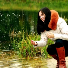 Park, brunette, lake, grass, Pond - car, Smile