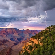 canyon, rocks, Grand Canyon, Grand Canyon National Park, Arizona, The United States, trees, viewes, thunderbolt