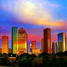 Park, west, skyscrapers, clouds, Houston