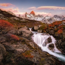 Patagonia, Argentina, mountains, Fitz Roy, VEGETATION, rocks, cascade, autumn, River