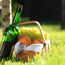 peaches, picnic, Wine, Grapes, basket