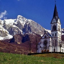 forest, Snowy, In The Village, peaks, Mountains, Church, Dzierznica