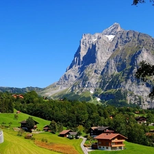 Mountain, Houses, peaks, place