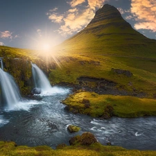 Kirkjufellsfoss Waterfall, Snaefellsnes Peninsula, rays of the Sun, Kirkjufell Mountain, iceland, River, clouds