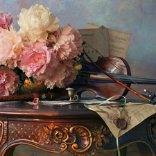 violin, Flowers, Tunes, Peonies, composition, flute, table