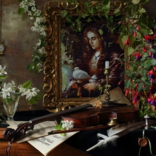 violin, fuchsia, Watch, picture, Flowers, pen, composition