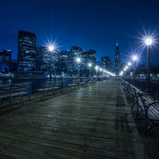 bench, City at Night, lanterns, pier, skyscrapers