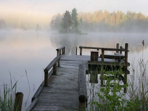 pier, grass, Fog, wood, lake