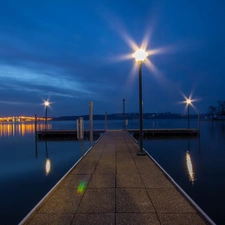 pier, lake, illuminated