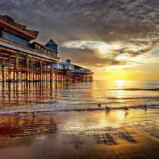 west, sea, pier, sun