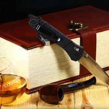 pipe, knife, A glass, book, Whisky