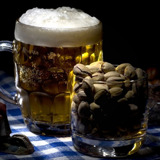 pistachios, mug, beer