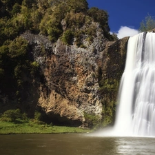 waterfall, rocks, Plants, height