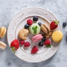 Fruits, plate, Macaroons, fresh, Cookies