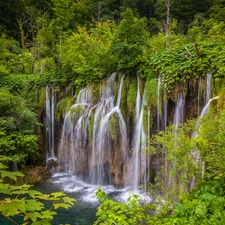 Plitvice Lakes National Park, Coartia, viewes, Plants, trees, waterfalls