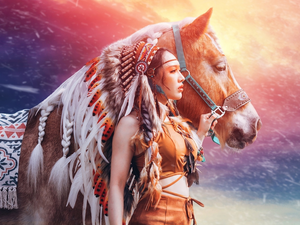girl, Indian, Horse, plume