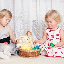 girls, eggs, plush toy, basket