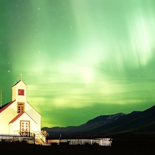 Church, dawn, Polaris, Mountains