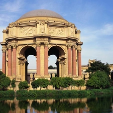 Pond - car, column, viewes, Sky, trees, copula