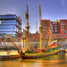 Ship, buildings, port, Sailing