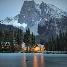 bridge, house, clouds, lake, viewes, Province of British Columbia, Floodlit, Yoho National Park, Canada, Emerald Lake, trees, Mountains