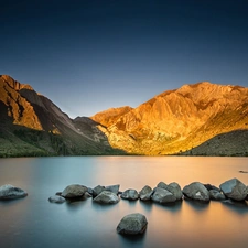 Stones, Przebijające, luminosity, ligh, flash, River, Mountains, sun